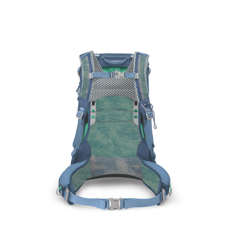 The rear view of a hiking backpack, showing a breathable mesh back panel in teal and gray, blue padded shoulder straps, and silver buckle details, set against a plain white background.