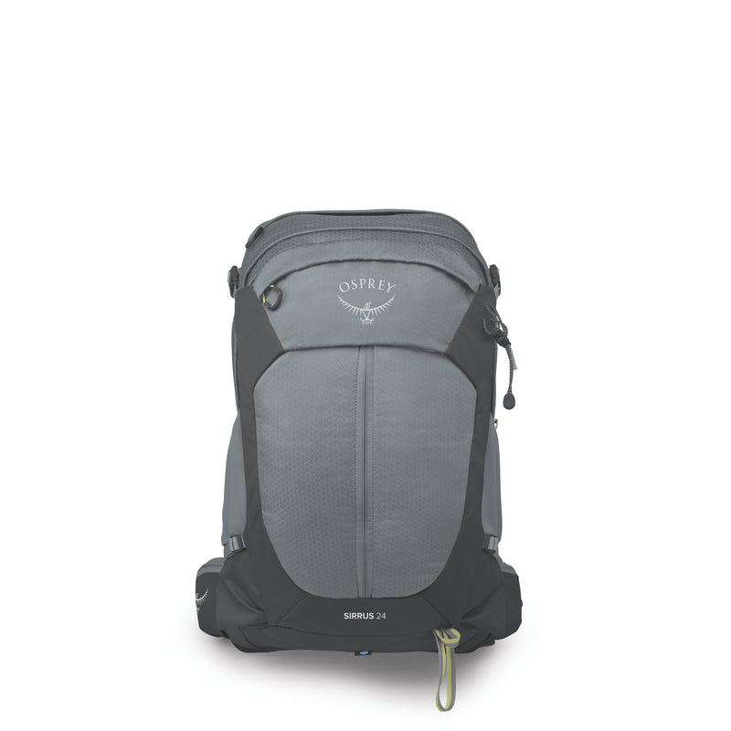 An Osprey Sirrus 24 backpack in gray and black, shown from the front on a clean white background.