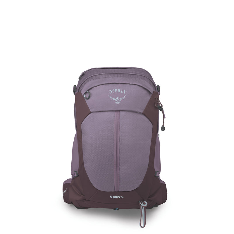 An Osprey Sirrus 24 backpack in a dusty purple colorway, shown from the front against a plain white background.