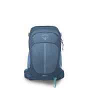An Osprey Sirius 24 backpack in a slate blue color, shown from the front against a plain white background.