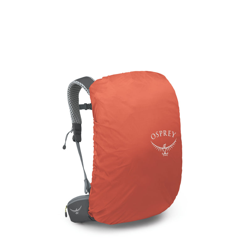 Orange backpack cover with Osprey logo on a white background