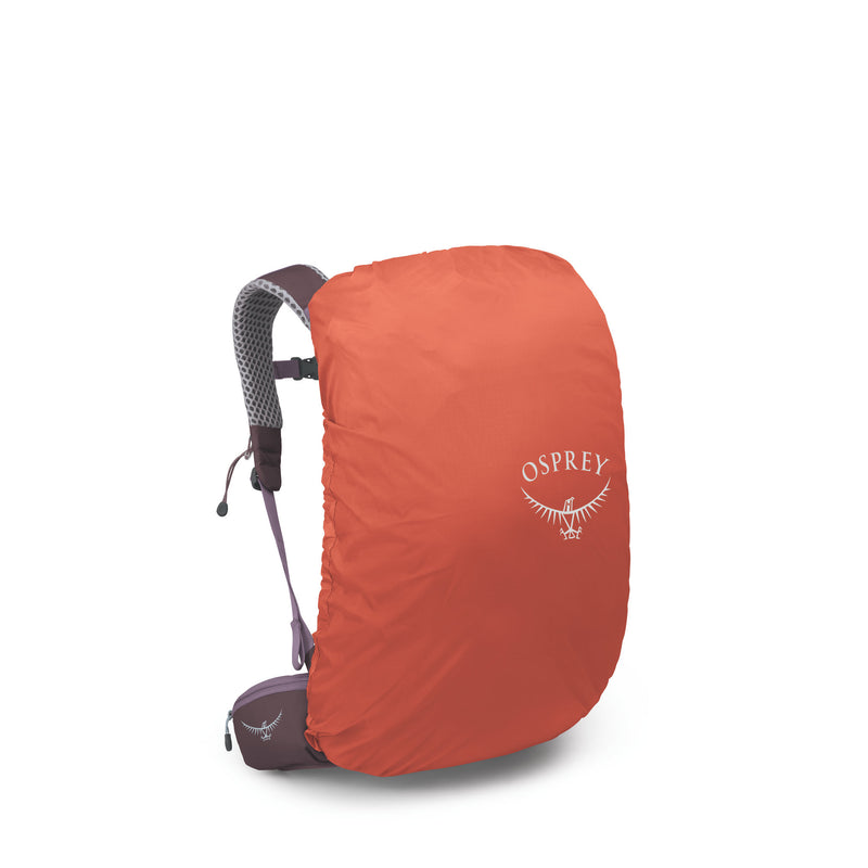 An orange Osprey backpack rain cover with a white embroidered Osprey logo, shown on a dark purple backpack against a white background.