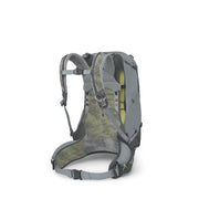 Gray hiking backpack with mesh panels on a white background