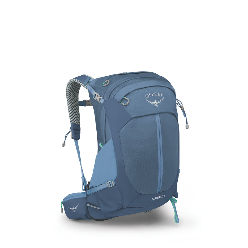 An Osprey Sirrus 24 hiking backpack in a muted slate blue color, shown from a three-quarters angle against a clean white background.