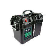 Black battery box with green accents on a white background.