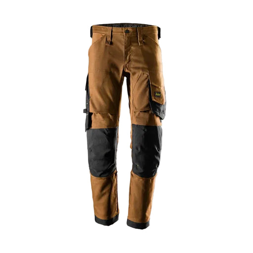Brown work pants with black knee pads on a gray background