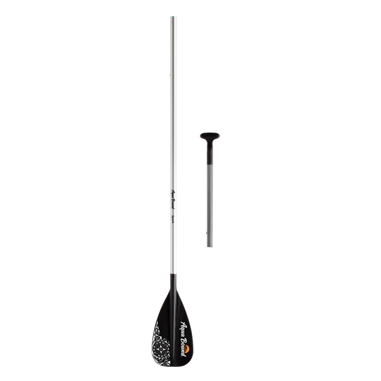 Black paddle with a silver shaft on a white background.
