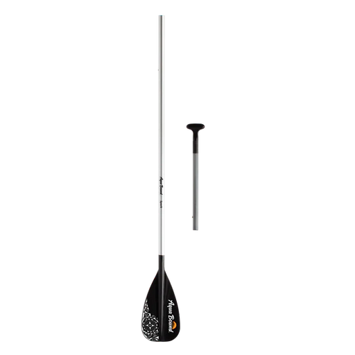 Black paddle with a silver shaft on a white background.