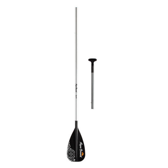 Black paddle with a silver shaft on a white background.