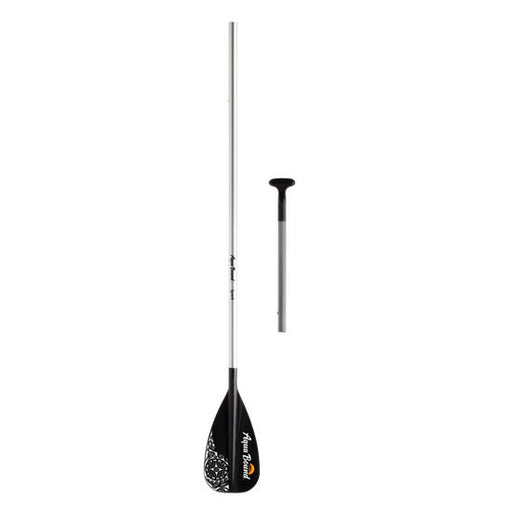 Black paddle with a silver shaft on a white background.