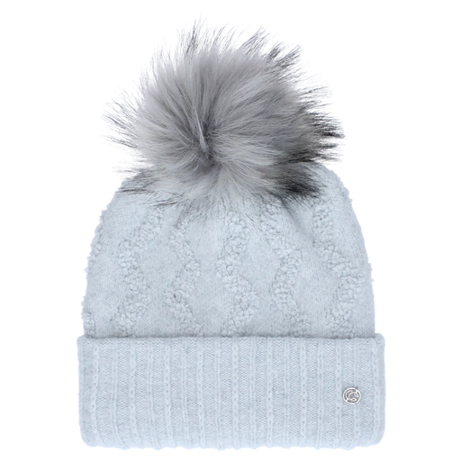 Baby blue pom pom beanie against a white background. 