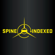 A yellow logo reading 'SPINE INDEXED' with a central circular and arrow-like emblem, centered on a dark gradient background.