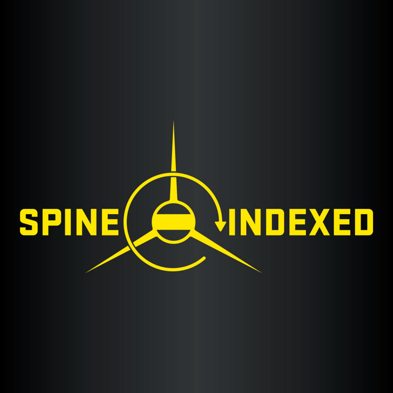 A yellow logo reading 'SPINE INDEXED' with a central circular and arrow-like emblem, centered on a dark gradient background.