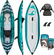 Top, bottom, and side view of a blue and white inflatable kayak as well as a carry on bag, hardware, and other accessories against a white background. 