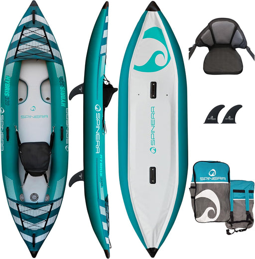 Top, bottom, and side view of a blue and white inflatable kayak as well as a carry on bag, hardware, and other accessories against a white background. 