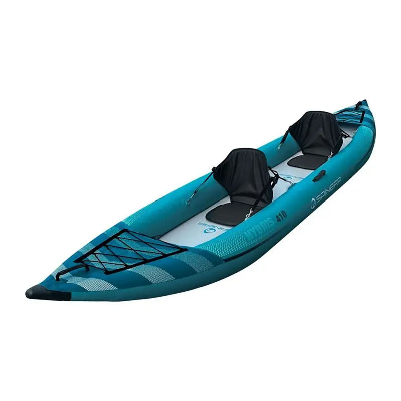 Blue and white inflatable kayak with seats attached to it against a white background. 