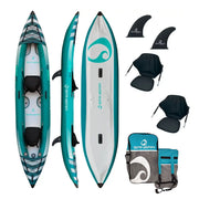 Top, side, and bottom view of a blue inflatable tandem kayak with white accents next to seats, carry bag, and accessories against a white background.