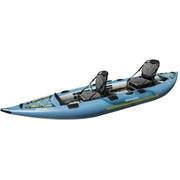 Blue tandem kayak with yellow accents and two gray seats installed against a white background. 