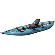 Side view of a blue inflatable kayak with yellow accents and a gray seat installed against a white background. 