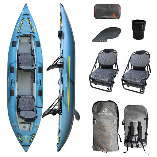Top and side view of a blue inflatable tandem kayak as well as carry-on bag, gray seats, and multiple accessories against a white background. 