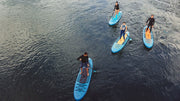 Four people paddleboarding on a body of water.