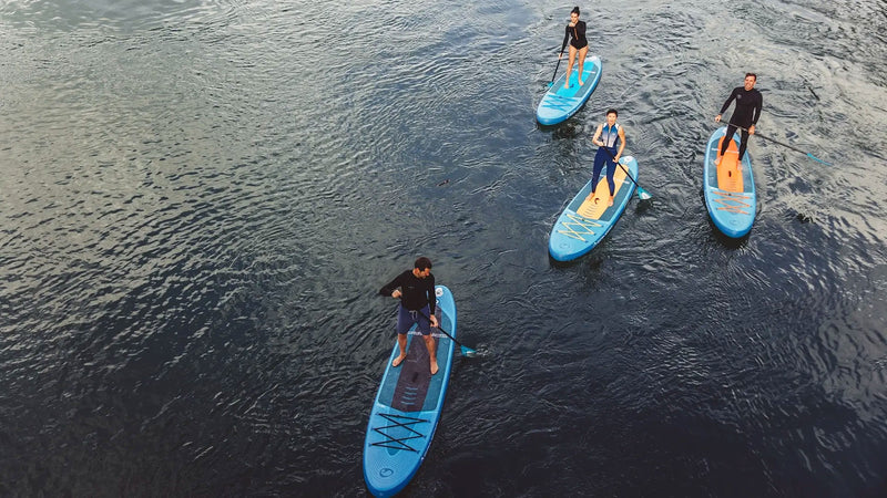 Four people paddleboarding on a body of water.