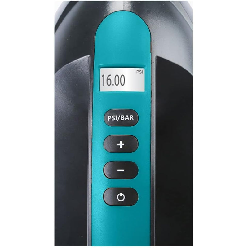 A closeup of the digital display and the control buttons on an electric pump to set the desired PSI. 