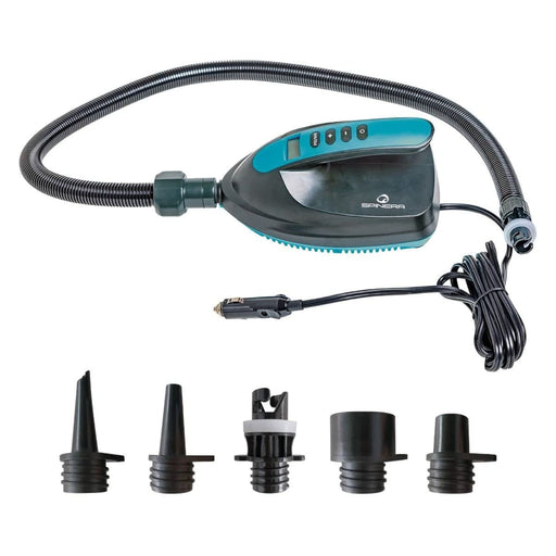 An electric pump with Spinera branding and a car plug adapter with an assortment of nozzles for pairing with various valves