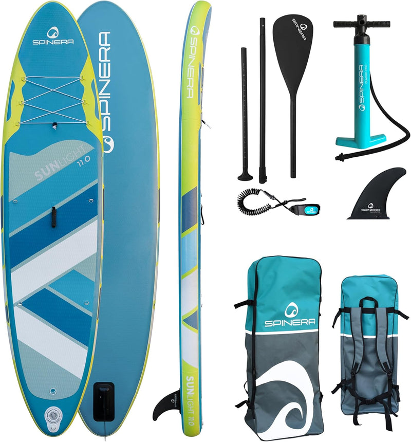 Top, bottom, and side view of a blue paddleboard with yellow accents as well as an air pump, carrying bag, replaceable fin. and a paddle against a white background. 