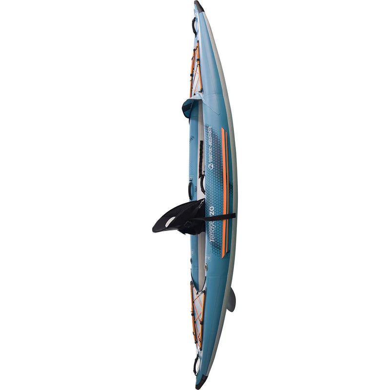 Side view of a blue kayak with orange accents against a white background. 
