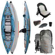 Front, side, and bottom views of a blue and white inflatable kayak with orange accents next to seats and accessories. 