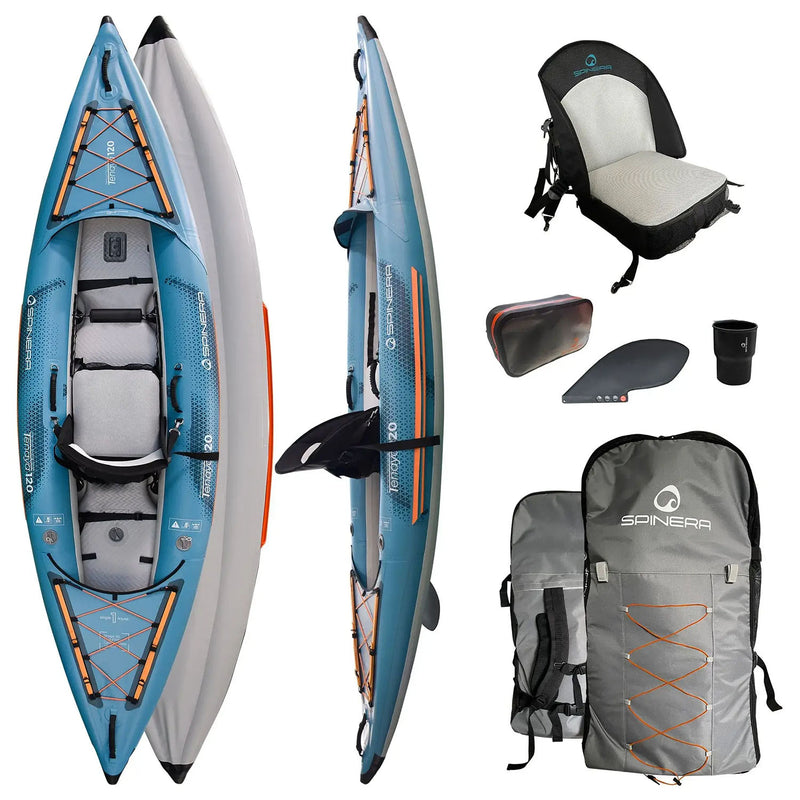 Front, side, and bottom views of a blue and white inflatable kayak with orange accents next to seats and accessories. 