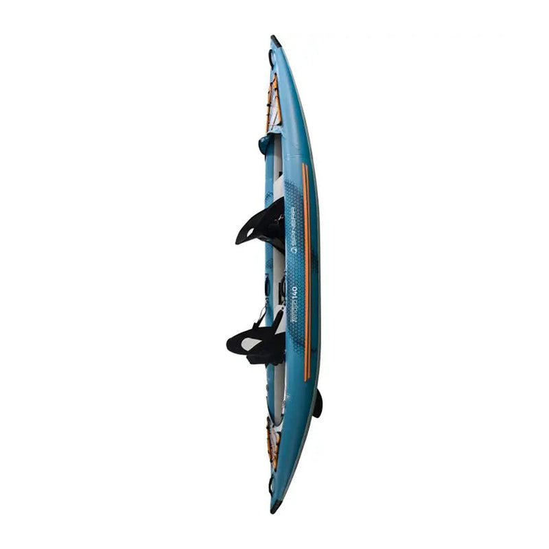 Side view of a blue and orange inflatable tandem kayak against a white background. 
