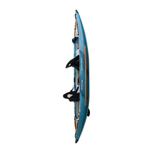 Side view of a blue and orange inflatable tandem kayak against a white background. 