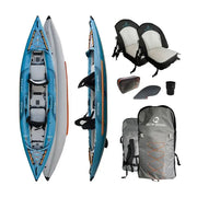 Blue inflatable kayak with orange accents shown in top, bottom, and side views with seats, accessories, and carry/storage bag on a white background