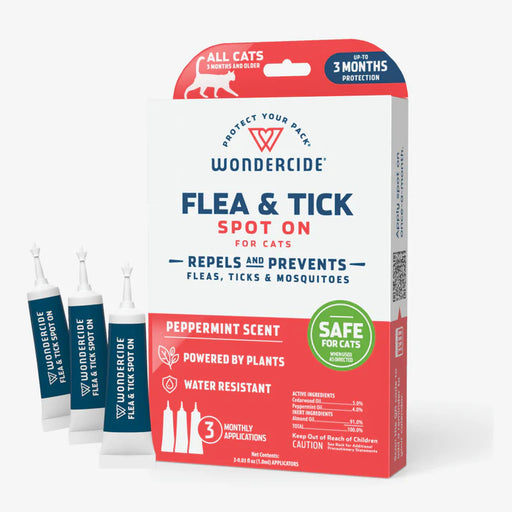 Box of spot on flea and tick treatment for cats against a white background.