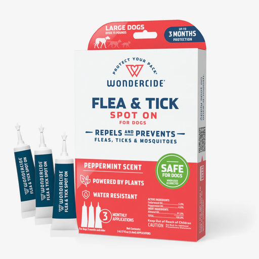 Box of spot on flea and tick treatment for dogs against a white background. 