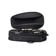 An open black crossbow case with a padded interior, shown on a plain white background. A crossbow with a scope is partially visible inside the case.