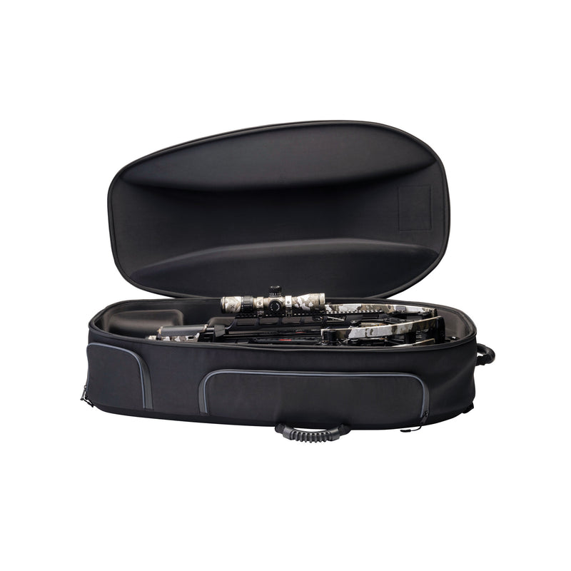 An open black crossbow case with a padded interior, shown on a plain white background. A crossbow with a scope is partially visible inside the case.