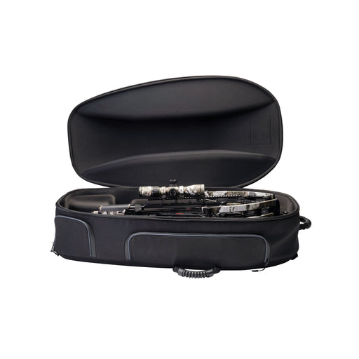 An open black crossbow case with a padded interior, shown on a plain white background. A crossbow with a scope is partially visible inside the case.