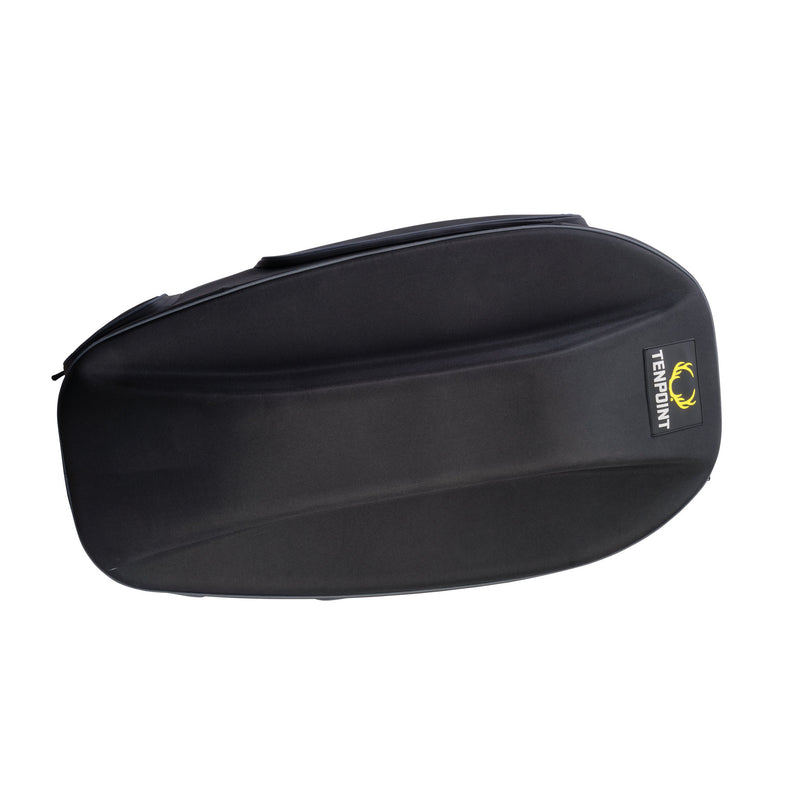 A black crossbow bag with a small yellow and black TenPoint brand patch on the side, shown against a plain white background.