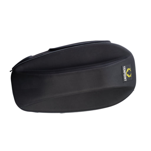 A black crossbow bag with a small yellow and black TenPoint brand patch on the side, shown against a plain white background.