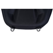 Close-up of the lower portion of a black soft-sided bag or case, showing a curved black fabric body with two black metal D-rings near the bottom edge, photographed on a white background.