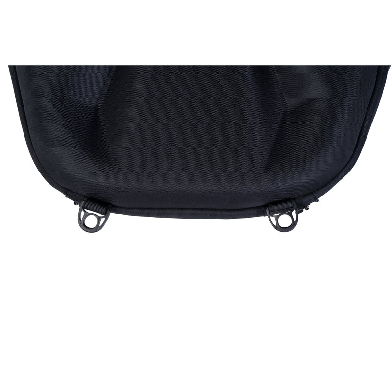 Close-up of the lower portion of a black soft-sided bag or case, showing a curved black fabric body with two black metal D-rings near the bottom edge, photographed on a white background.