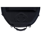 Close-up of the interior of a black hard-shell case or bag, showing a molded logo emblem and a black handle attachment on a plain white background.