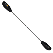 Black kayak paddle with a logo on a white background