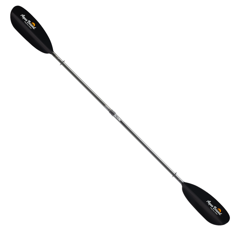 Black kayak paddle with a logo on a white background