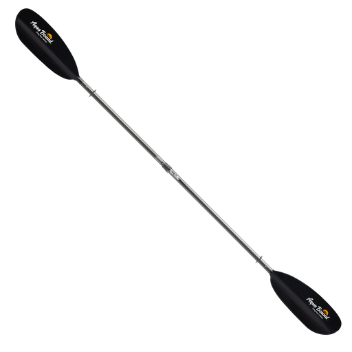 Black kayak paddle with a logo on a white background