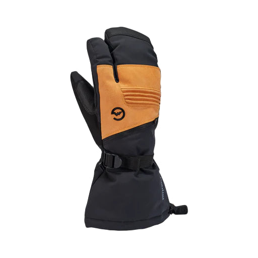 Black and brown glove with a brand logo on a light gray background