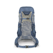 The back view of a blue hiking backpack, showing the breathable mesh back panel, padded shoulder straps, and side compression straps against a white background.